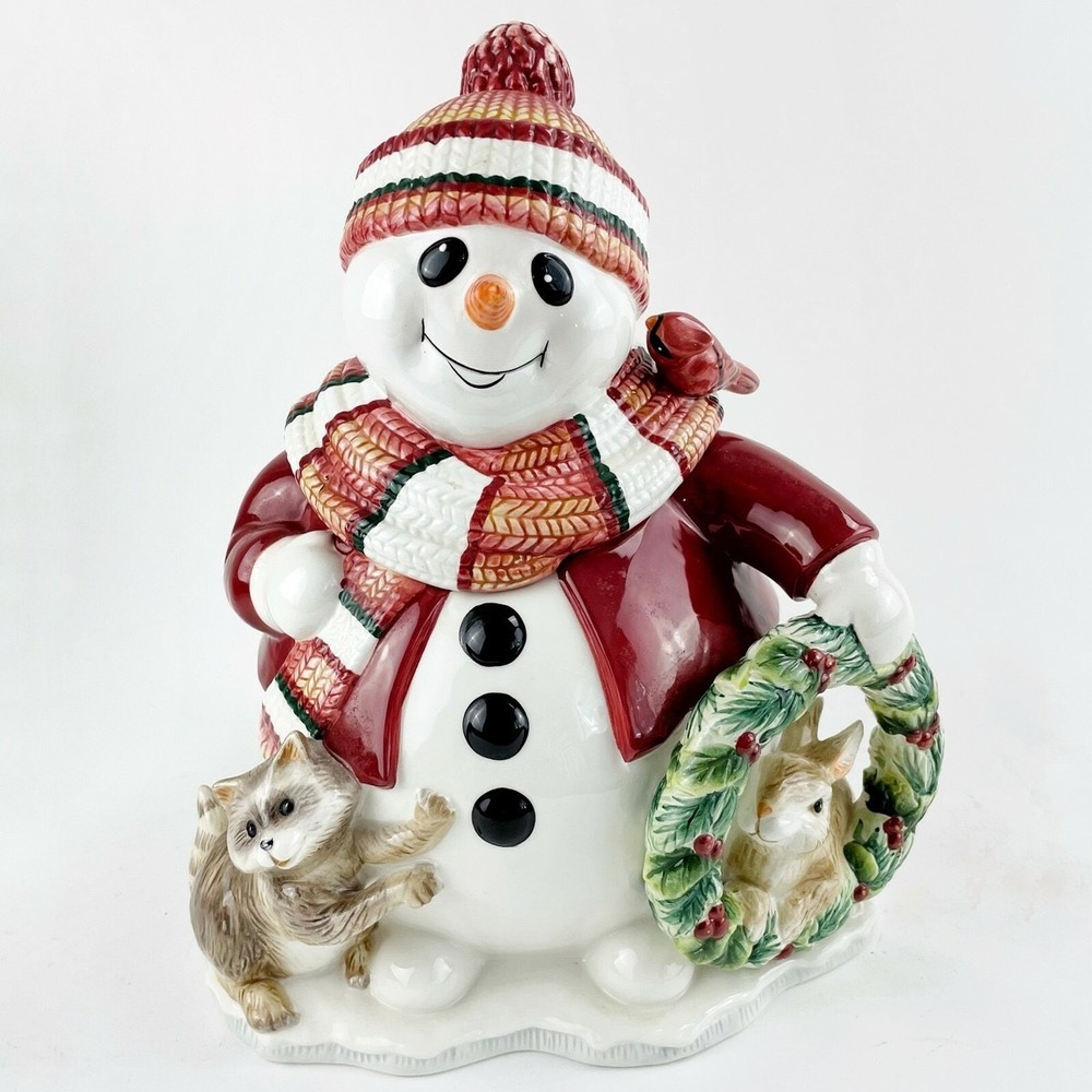 Fitz and‎ Floyd Woodland Snowman Cookie Jar Christmas Holiday Decor Ceramic